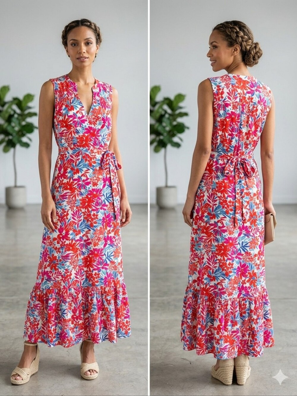 Jones New York Pink‎ Multi Floral Tie-Waist  V Neck Maxi Dress